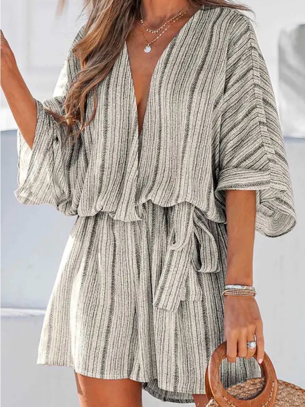 Cupshe belted striped Romper - Cream/Black